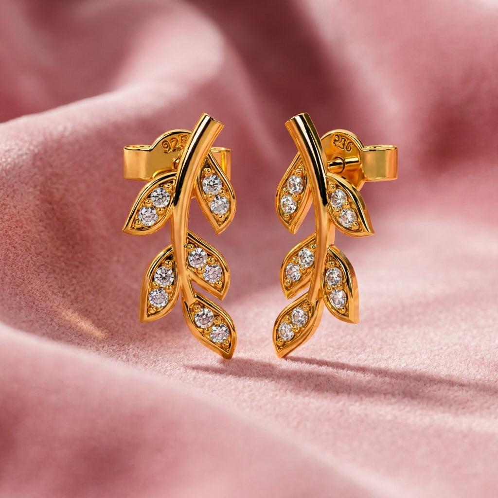 Leaf Vine White Cz Climber Stud Earrings - 925 sterling silver earrings for women