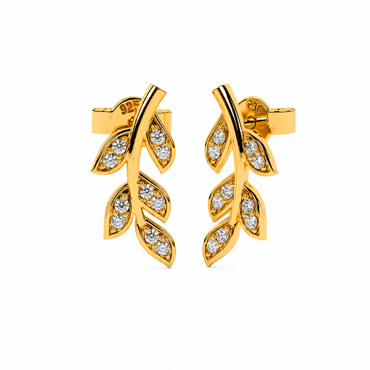 Leaf Vine White Cz Climber Stud Earrings - 925 sterling silver earrings for women