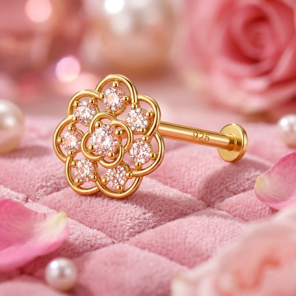 Filigree Rosette Nose Pin - side view in 925 sterling silver