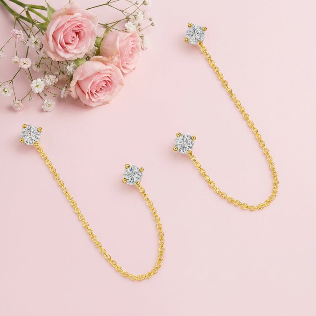 White CZ Ear Chain Studs - 925 Sterling Silver Gold Plated