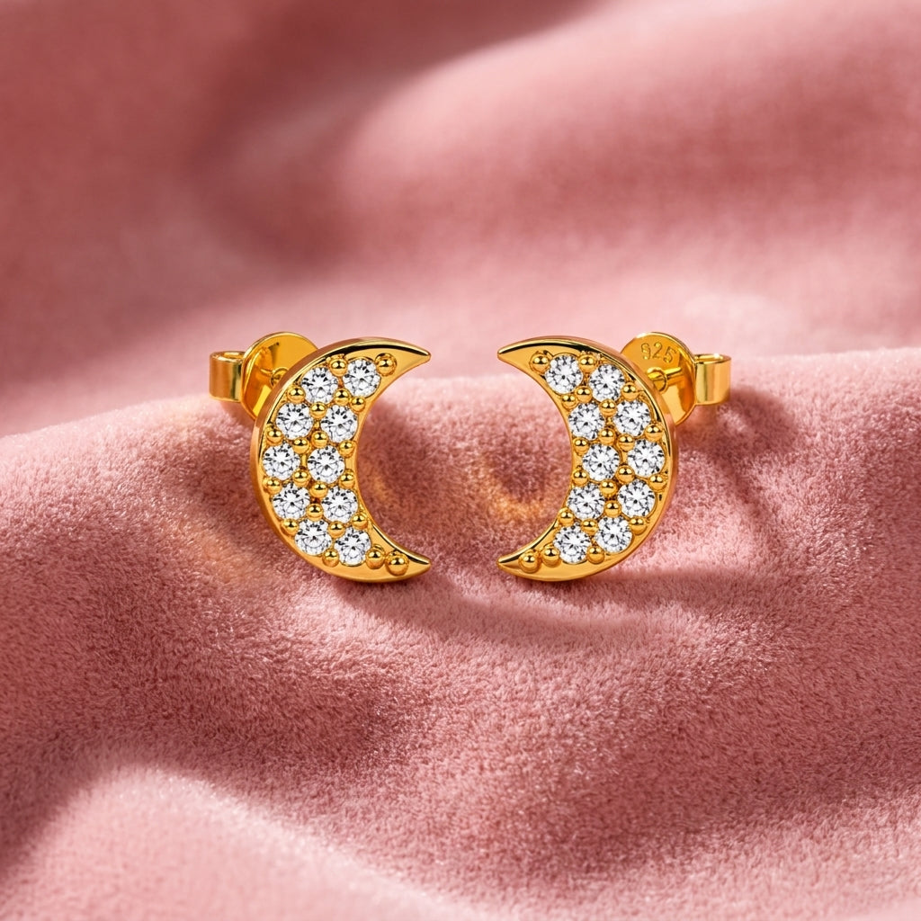 Crescent Moon White Cz Stud Earrings - 925 sterling silver earrings for women