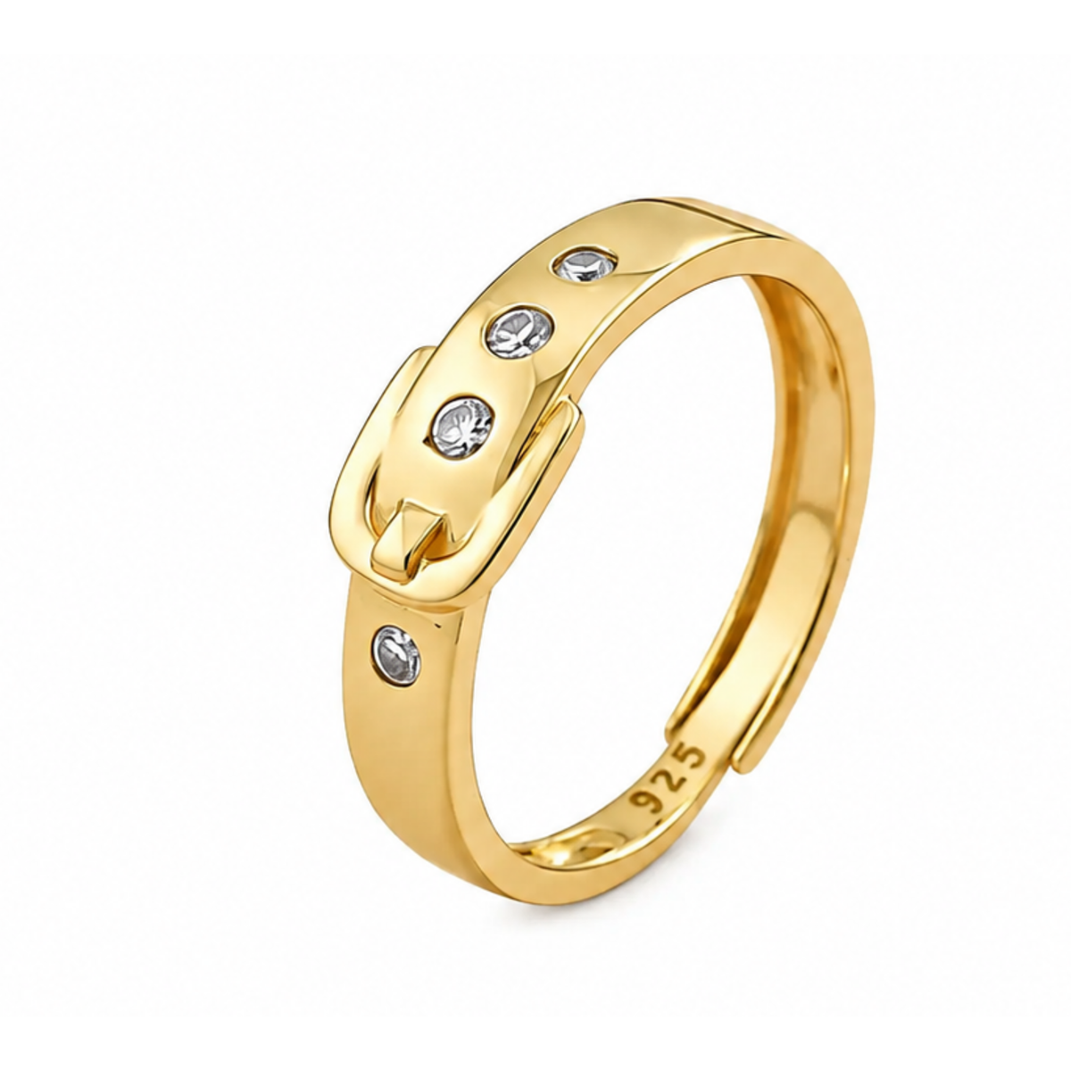 Gold Plated Belt Buckle White Cz Adjustable Ring in 925 sterling silver