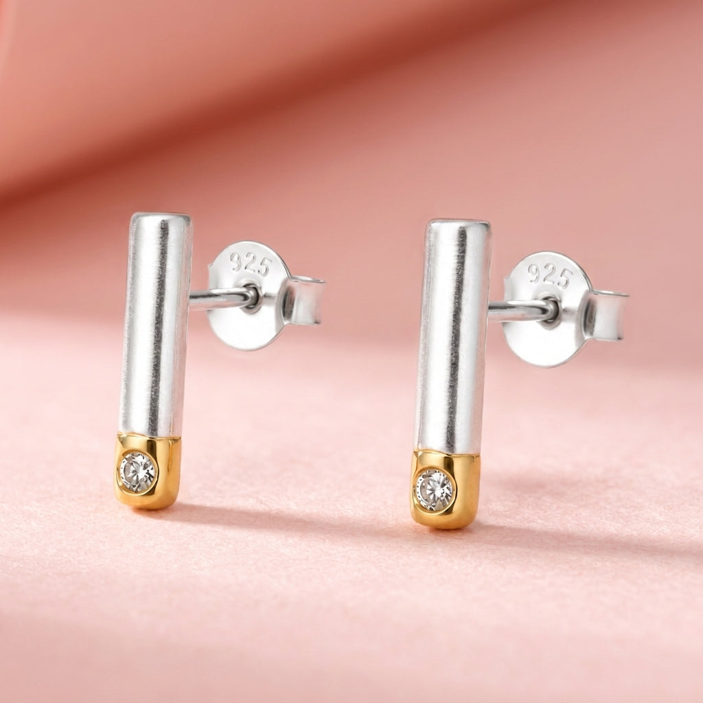 Two Tone Bar White Cz Stud Earrings - 925 sterling silver earrings for women