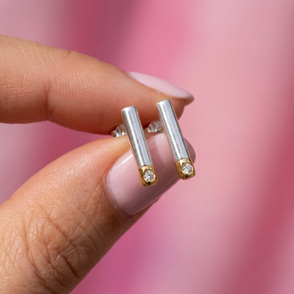 Two Tone Bar White Cz Stud Earrings - 925 sterling silver earrings for women