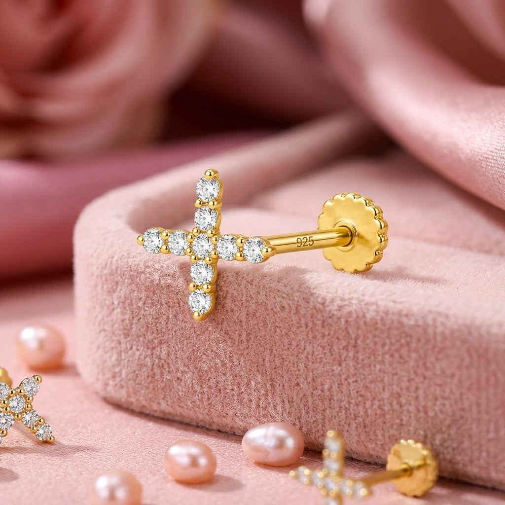 Cross Nose Pin - side view in 925 sterling silver
