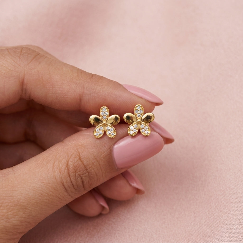 Five Petal White Cz Flower Stud Earrings - 925 sterling silver earrings for women