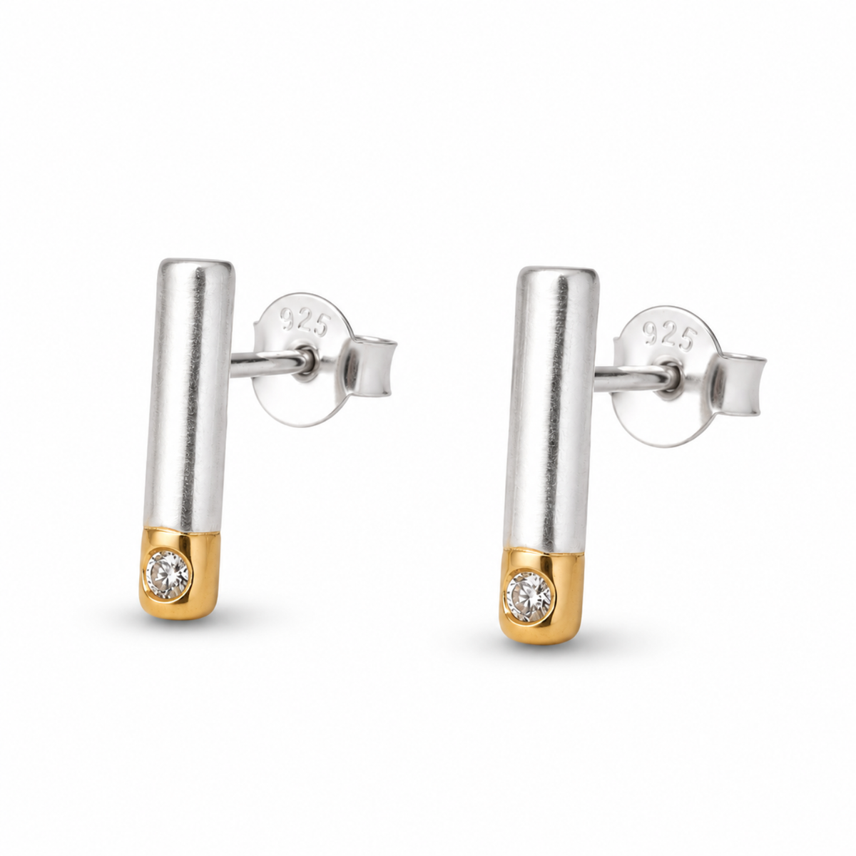 Two Tone Bar White Cz Stud Earrings - 925 sterling silver earrings for women