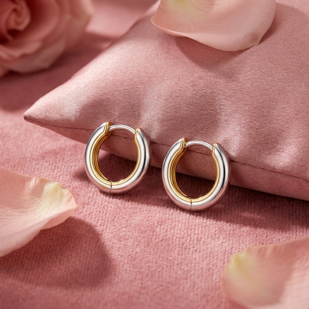 Two Tone Chunky Huggie Hoop Earrings - 925 sterling silver earrings for women