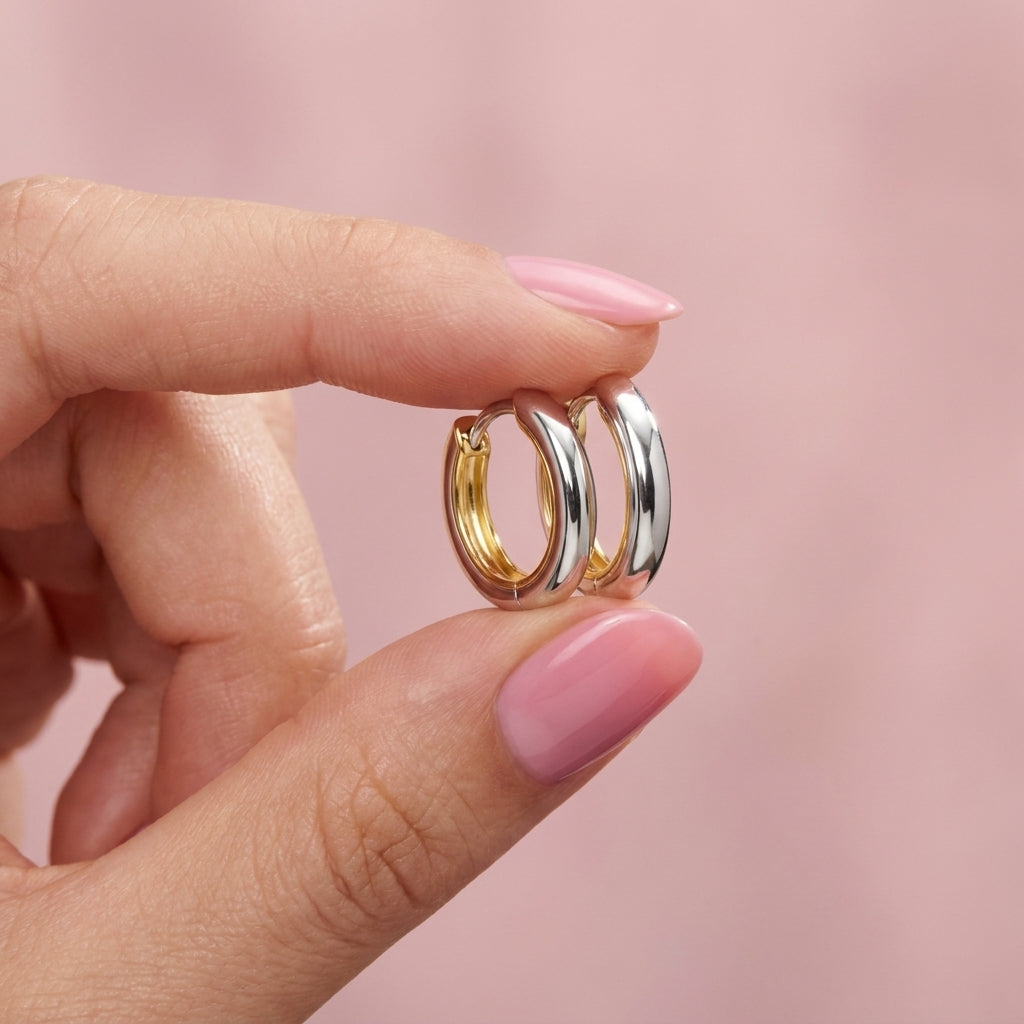 Two Tone Chunky Huggie Hoop Earrings - 925 sterling silver earrings for women