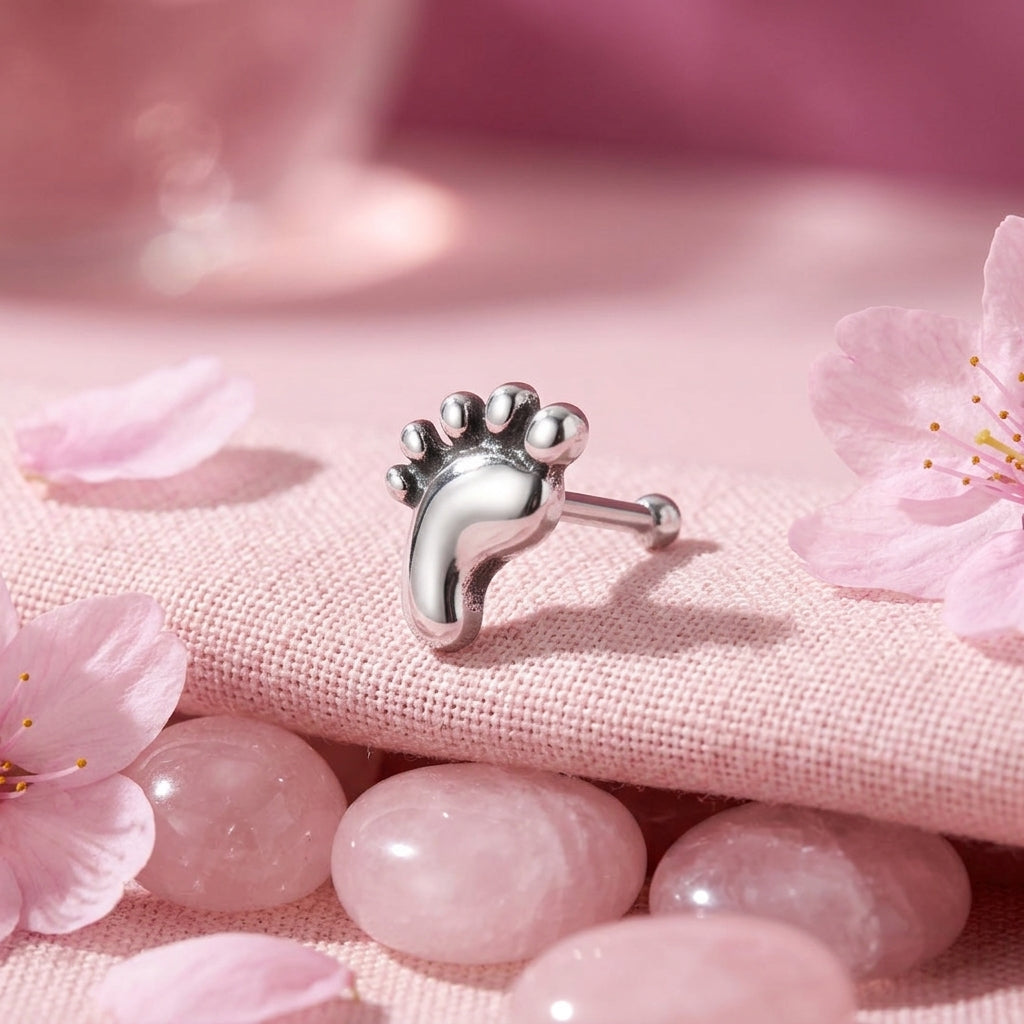 Tiny Footprint Stud Nose Pin - Sterling Silver - close-up detail