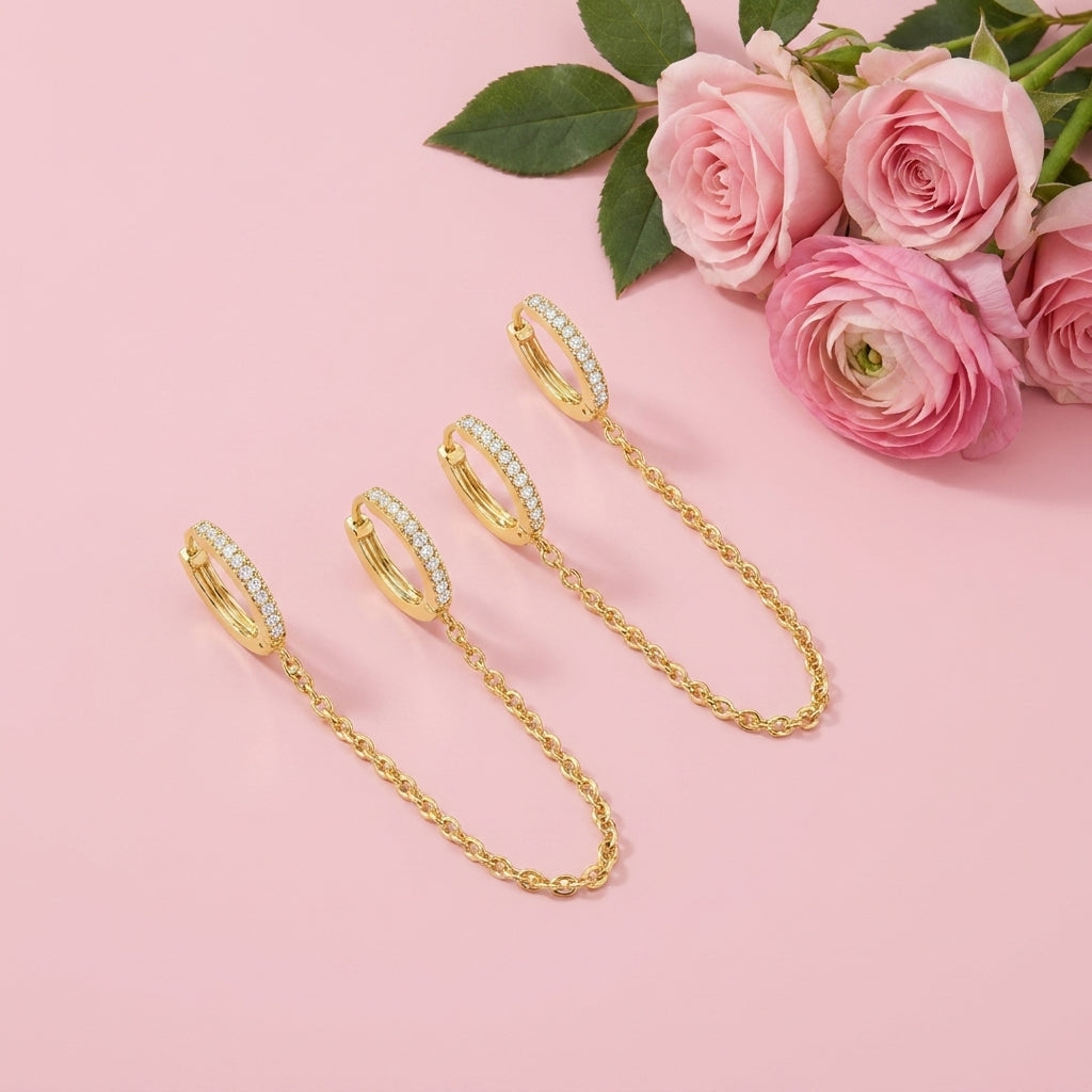 Diamond Hoop Chained Earrings - 925 Sterling Silver Gold Plated