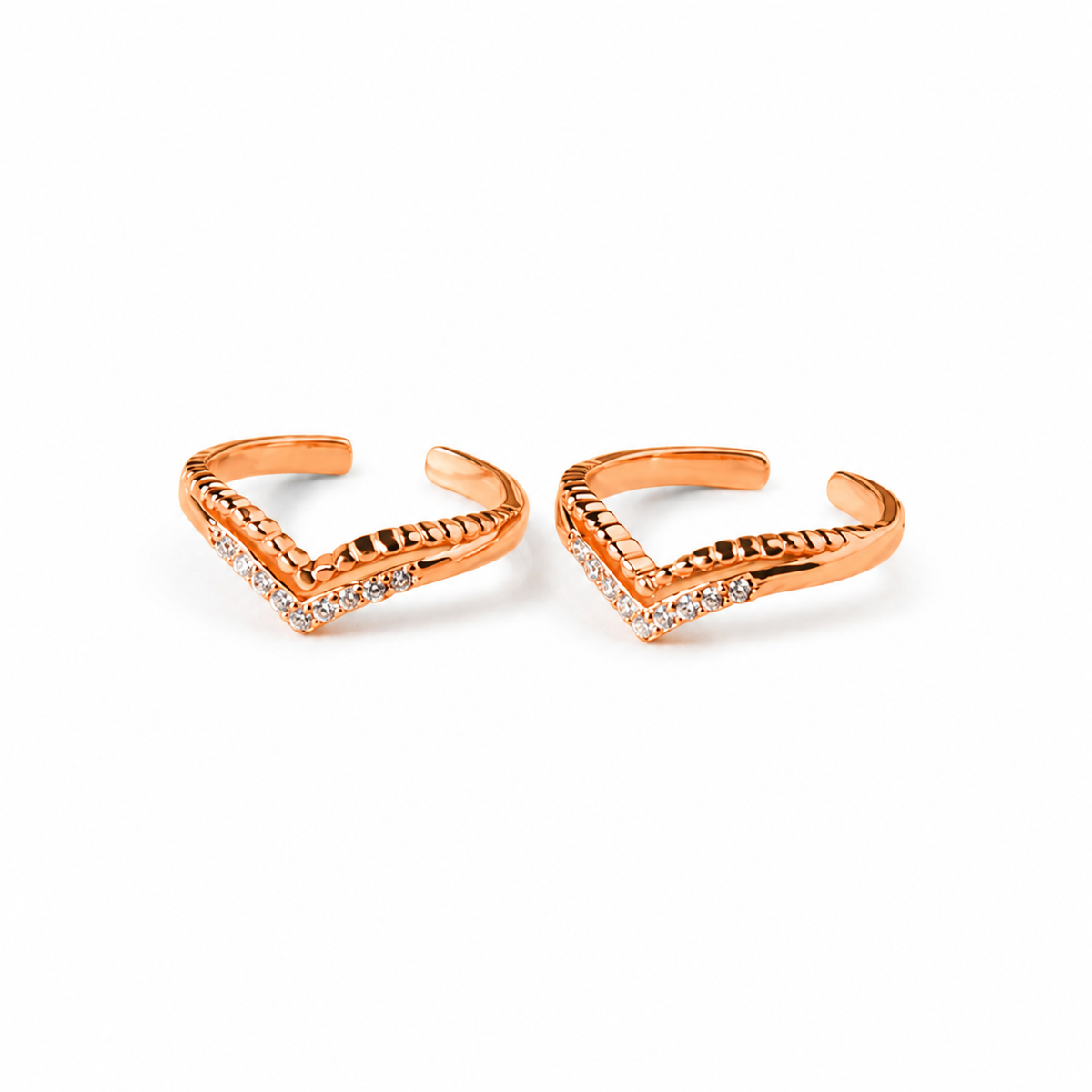 Rose Gold V-Shape White Cz Toe Rings - front view in 925 sterling silver