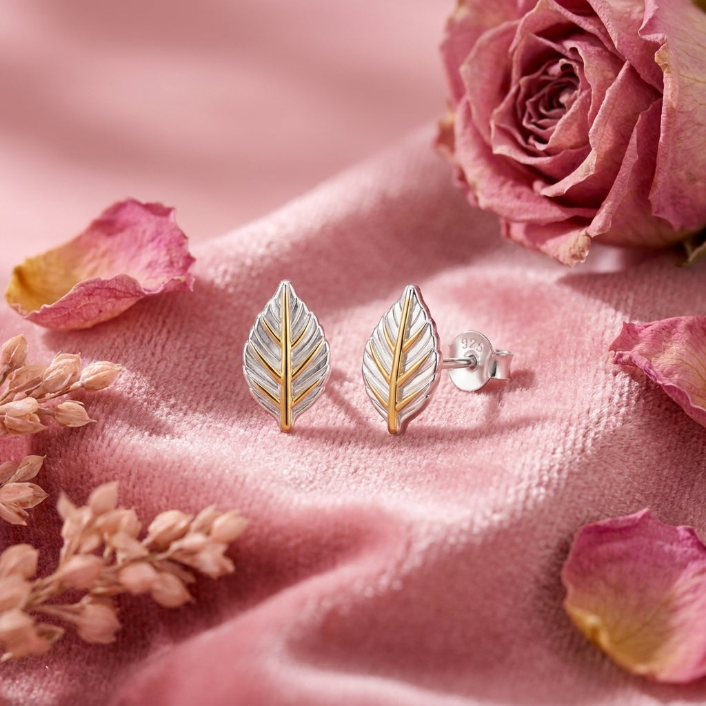 Two Tone Leaf Stud Earrings - 925 sterling silver earrings for women