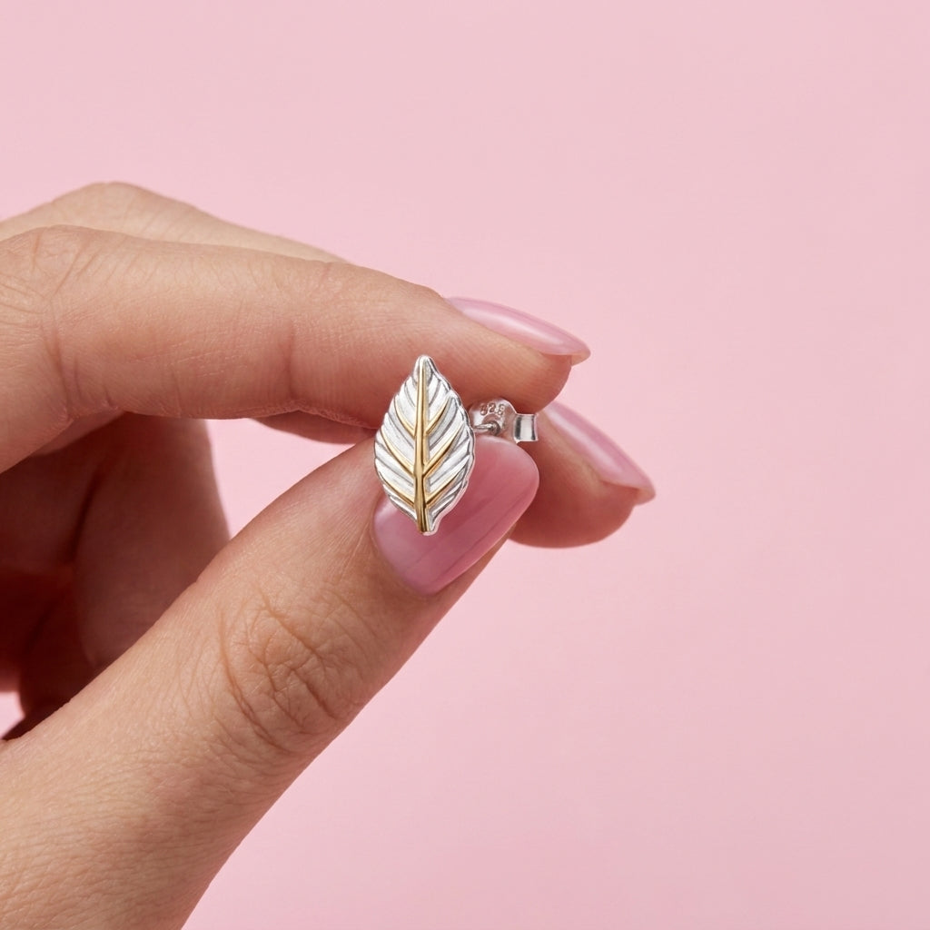 Two Tone Leaf Stud Earrings - 925 sterling silver earrings for women