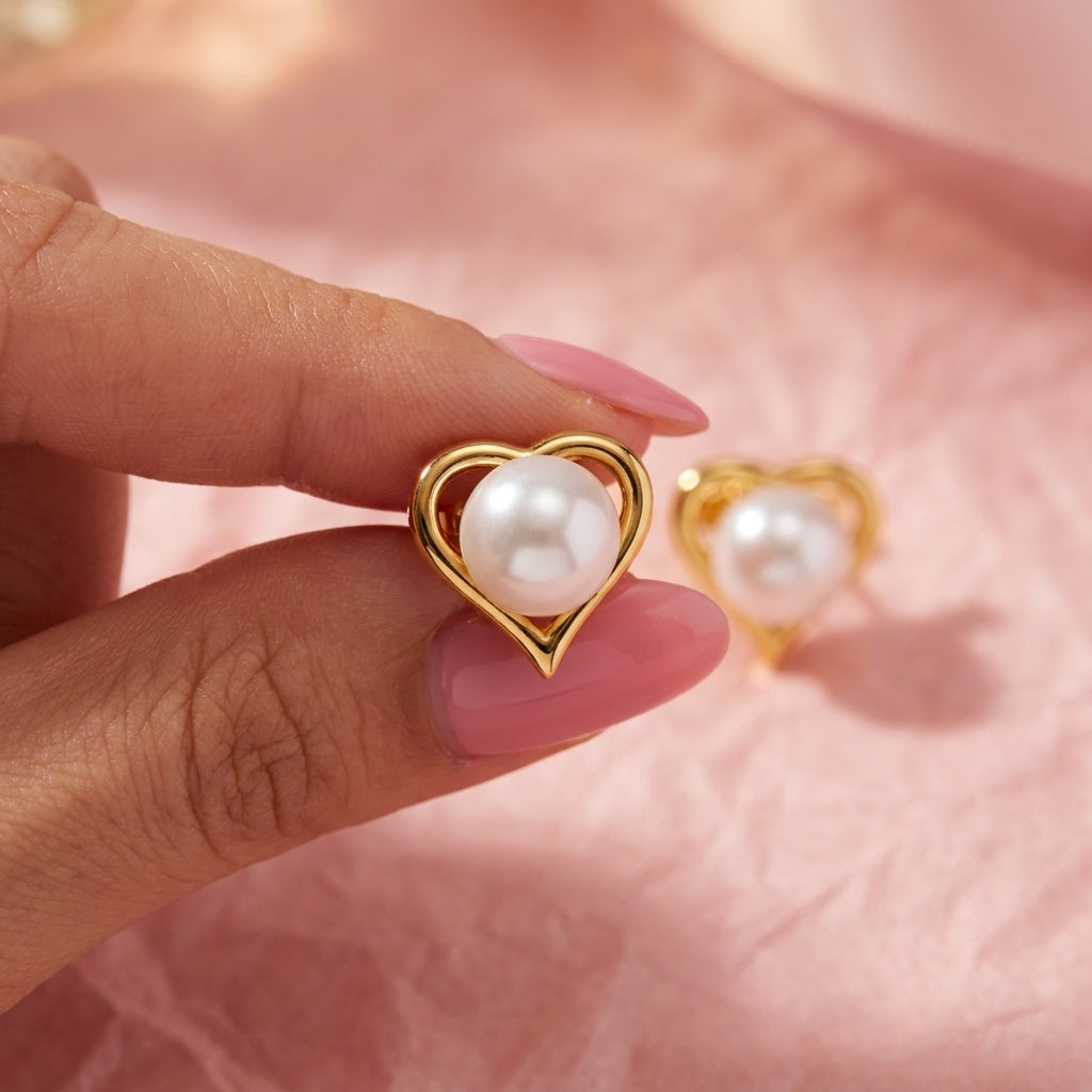 Open Heart Pearl Stud Earrings - 925 sterling silver earrings for women