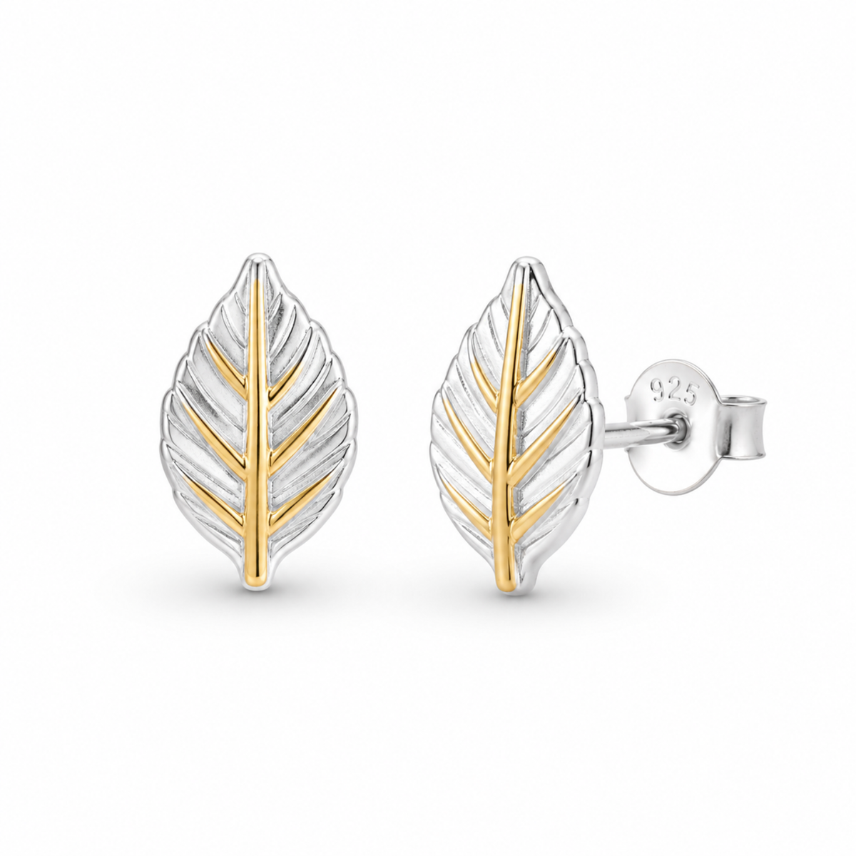 Two Tone Leaf Stud Earrings - 925 sterling silver earrings for women