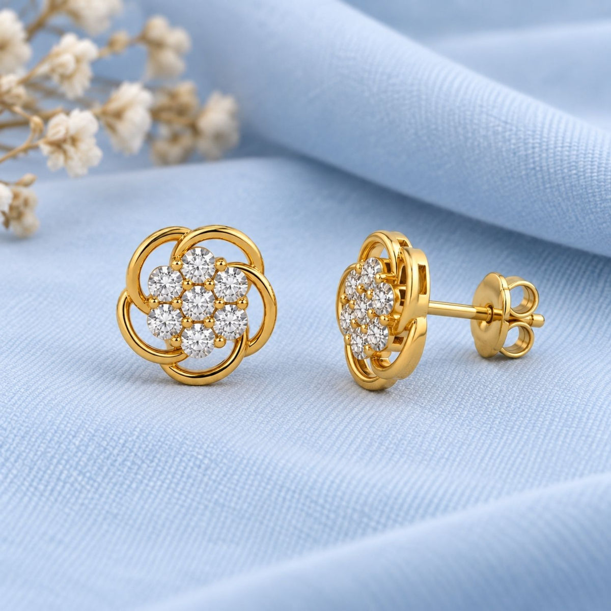 Swirl Flower White Cz Cluster Stud Earrings for Women - 925 Sterling Silver