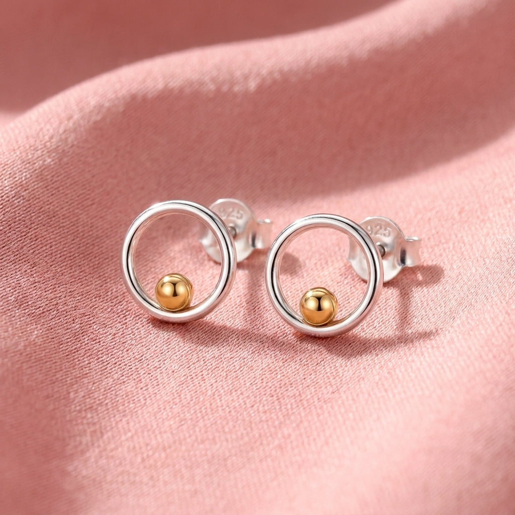Open Circle Gold Bead Stud Earrings - 925 sterling silver earrings for women