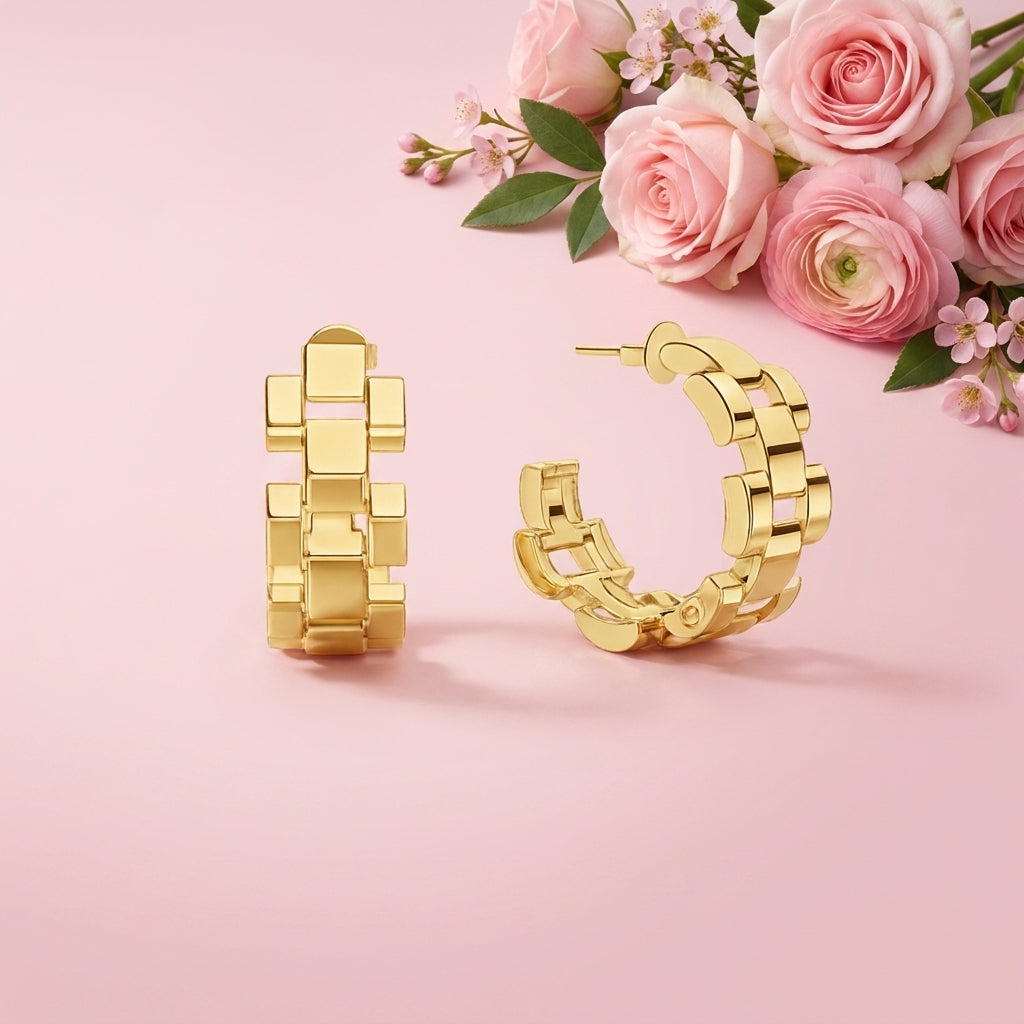 Wrist Watch Hoop Earrings - 925 Sterling Silver Gold Plated
