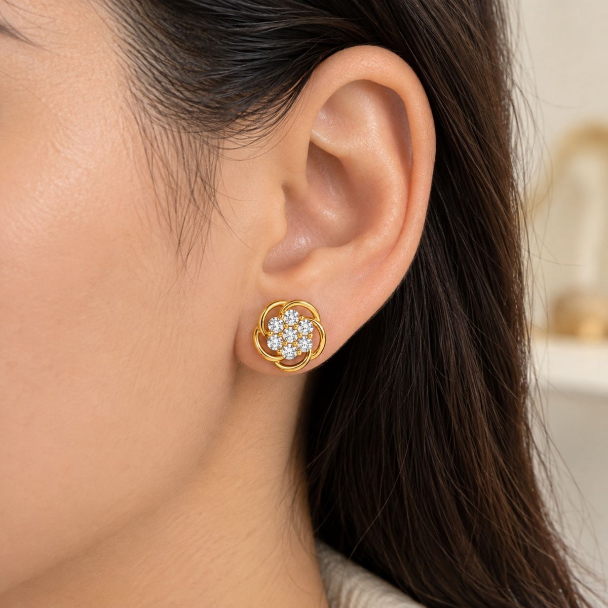 Swirl Flower White Cz Cluster Stud Earrings for Women - 925 Sterling Silver