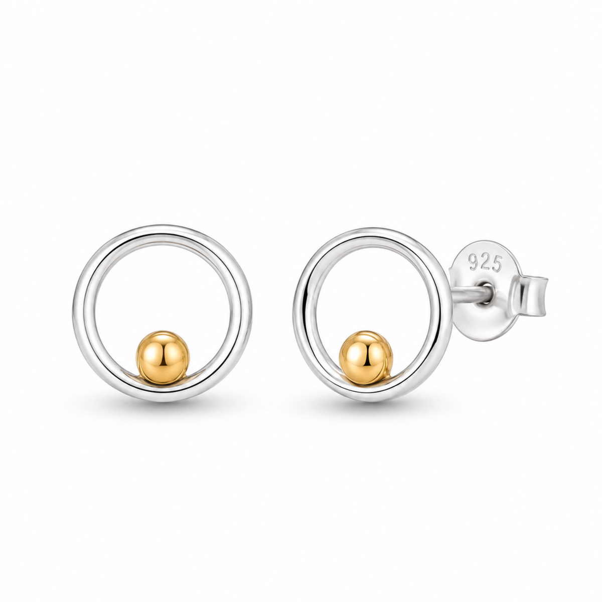 Open Circle Gold Bead Stud Earrings - 925 sterling silver earrings for women