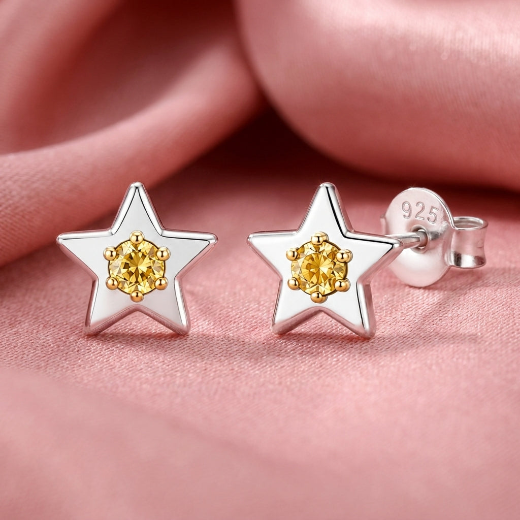 Star Citrine Yellow Cz Stud Earrings - 925 sterling silver earrings for women