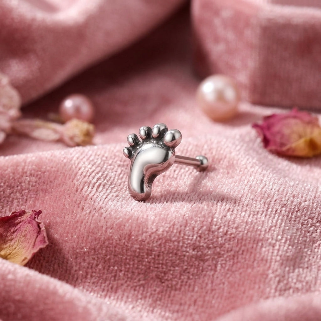 Tiny Footprint Stud Nose Pin - Sterling Silver worn on model
