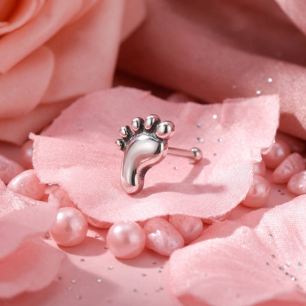 Tiny Footprint Stud Nose Pin - Sterling Silver - design detail
