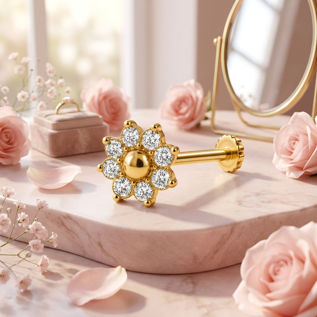 Sunflower Gold Bead Nose Pin - side view in 925 sterling silver