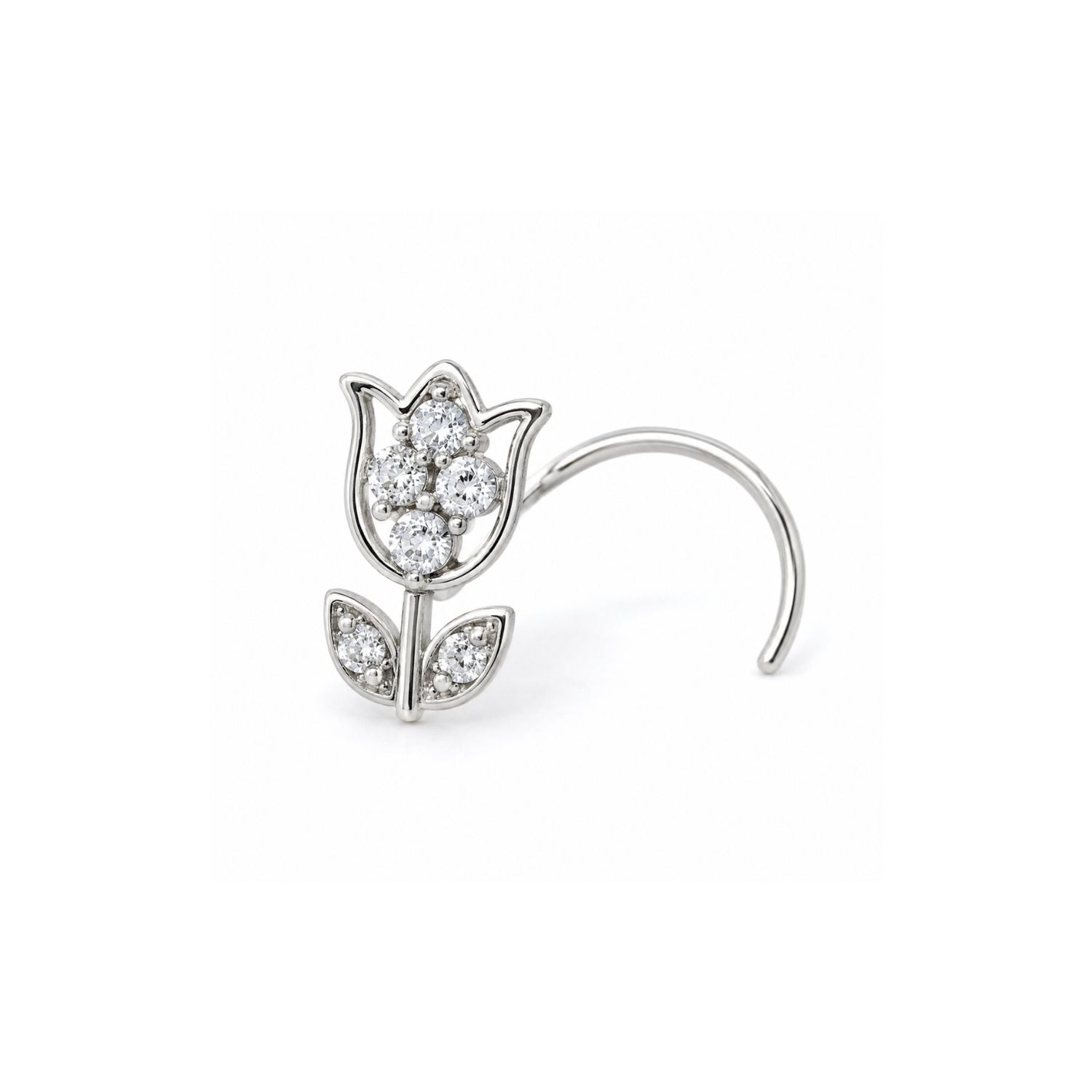 Tulip with Leaves CZ Nose Pin 925 Sterling Silver