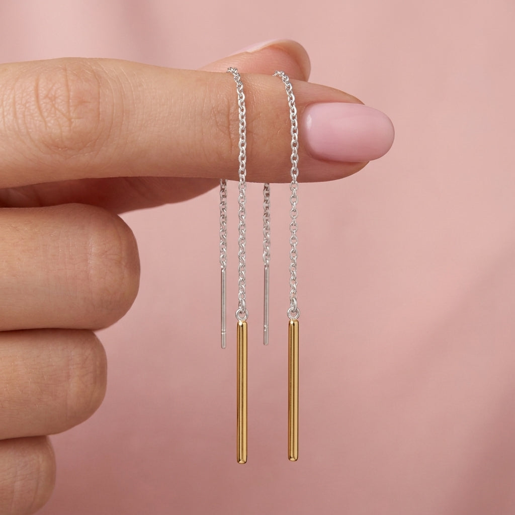 Gold Bar Threader Chain Drop Earrings - 925 sterling silver earrings for women
