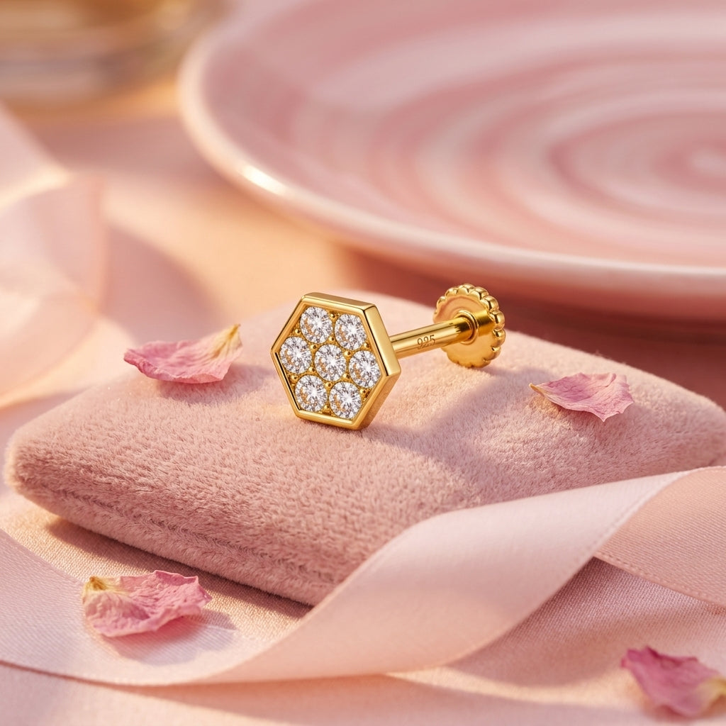 Hexagon Pave Nose Pin - back view with clasp