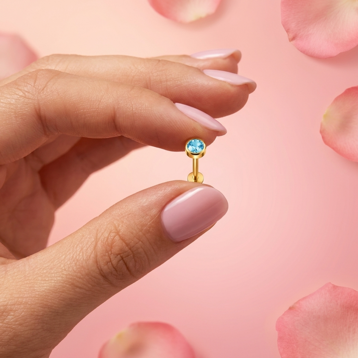 Aqua Blue Topaz Round Bezel Nose Pin - side view in 925 sterling silver