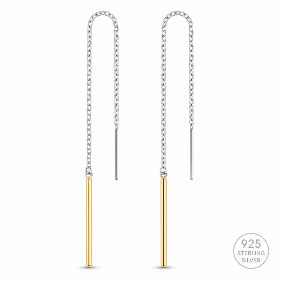 Gold Bar Threader Chain Drop Earrings - 925 sterling silver earrings for women