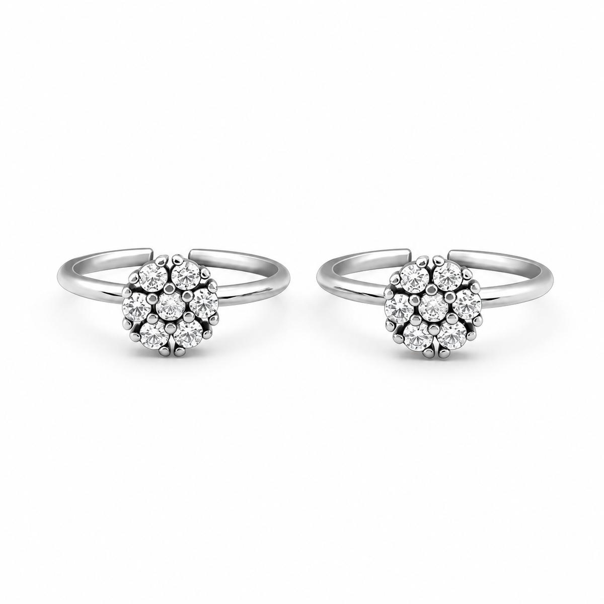 Round Flower White Cz Cluster Toe Rings - front view in 925 sterling silver
