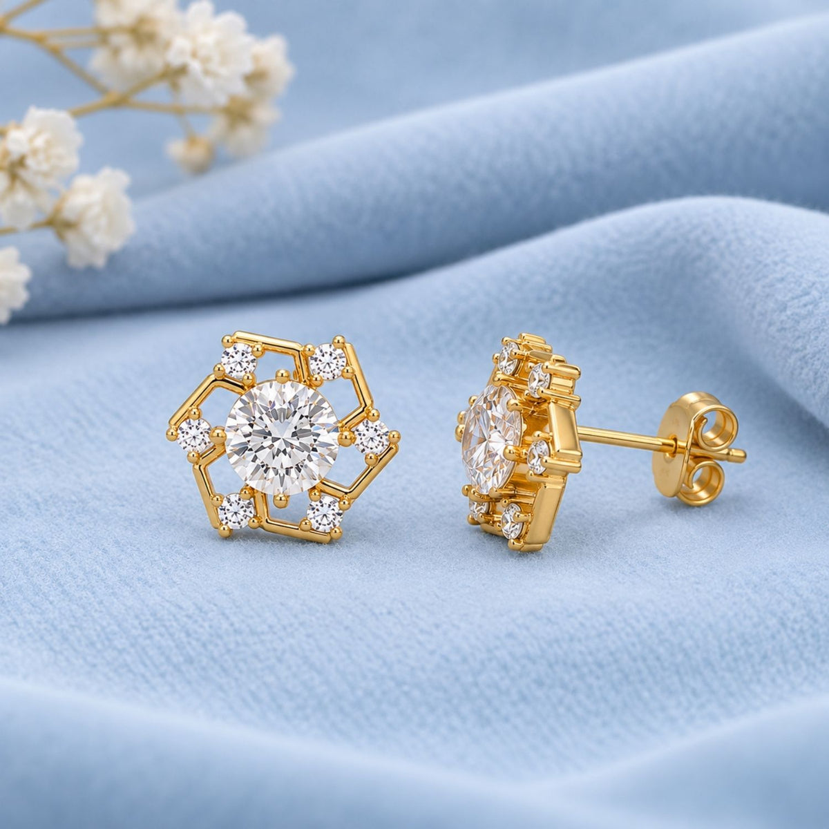 Hexagon Halo White Cz Solitaire Stud Earrings for Women - 925 Sterling Silver