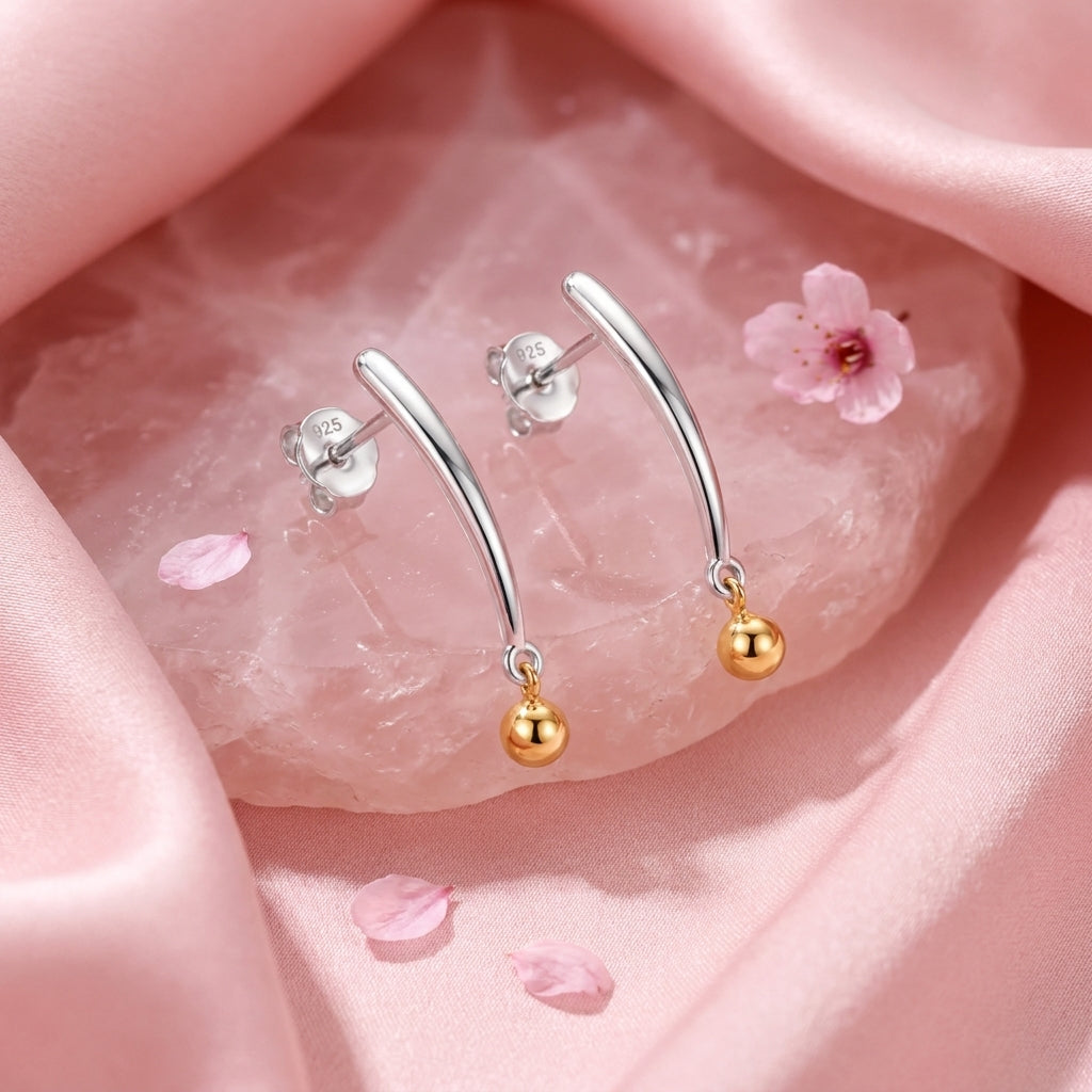 Curved Bar Gold Ball Drop Earrings - 925 sterling silver earrings for women