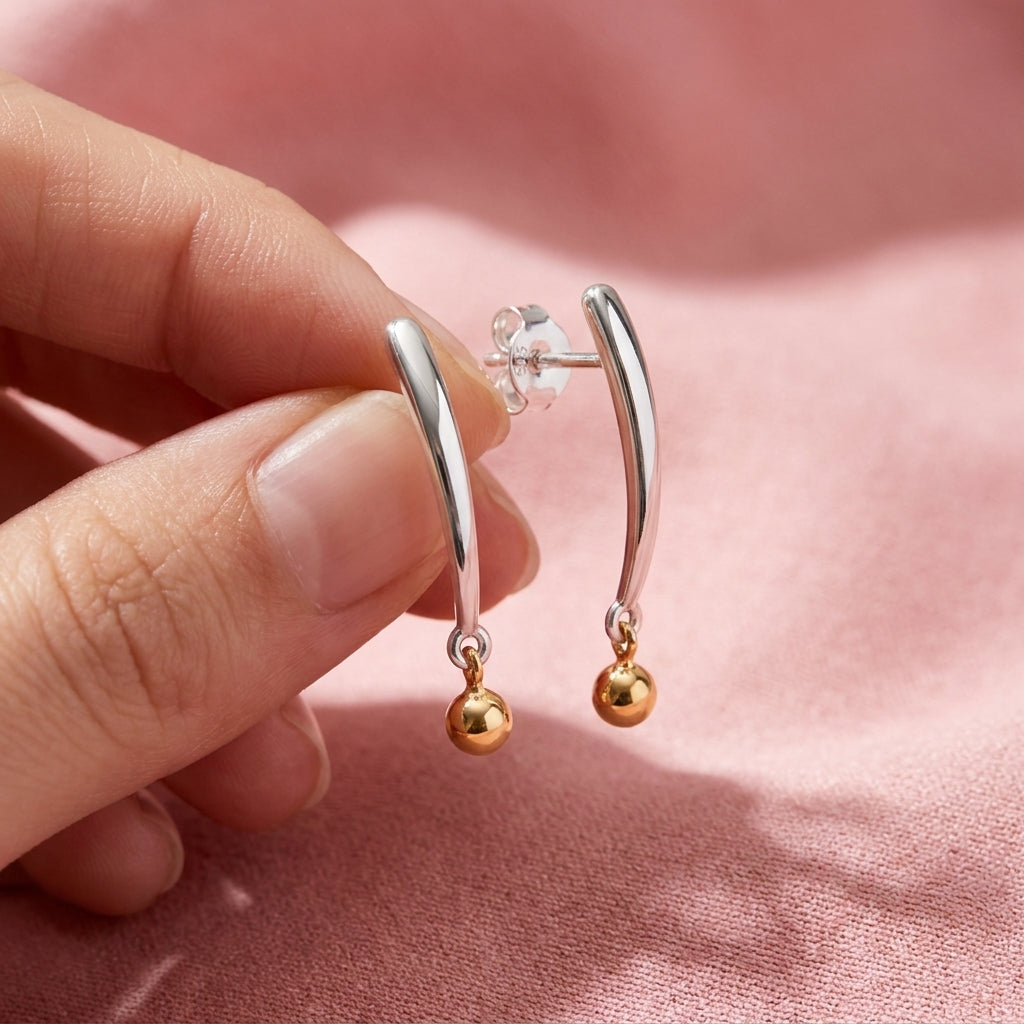 Curved Bar Gold Ball Drop Earrings - 925 sterling silver earrings for women