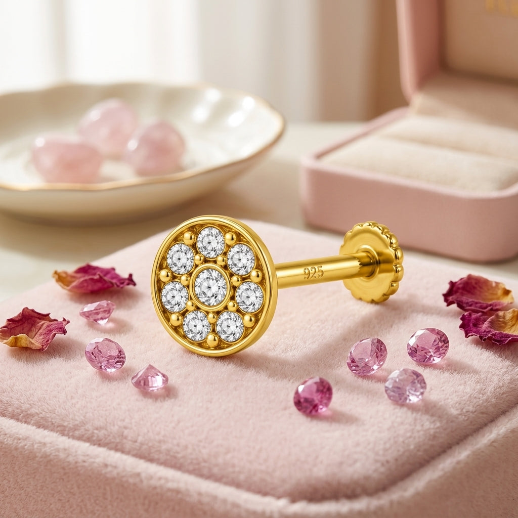 Round Bezel Halo Nose Pin - back view with clasp