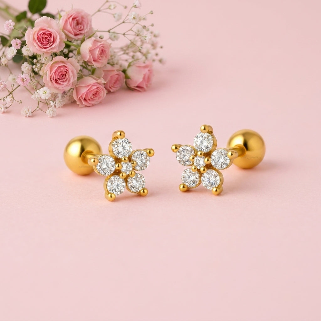 White Cz Flower Design Stud Earrings – Sterling Silver