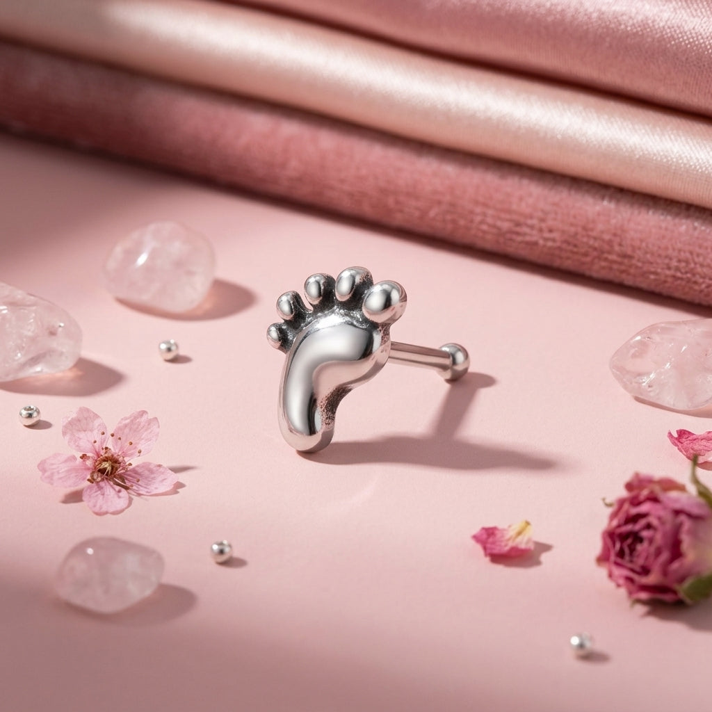 Tiny Footprint Stud Nose Pin - Sterling Silver - front view