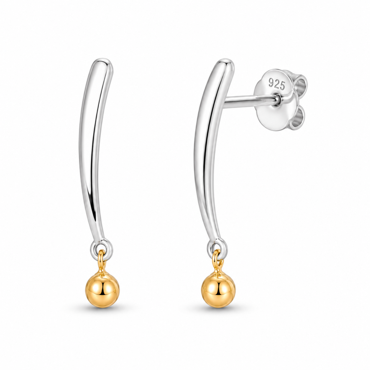 Curved Bar Gold Ball Drop Earrings - 925 sterling silver earrings for women