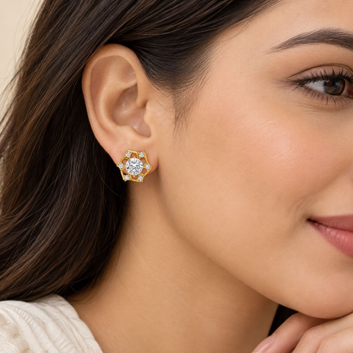 Hexagon Halo White Cz Solitaire Stud Earrings for Women - 925 Sterling Silver