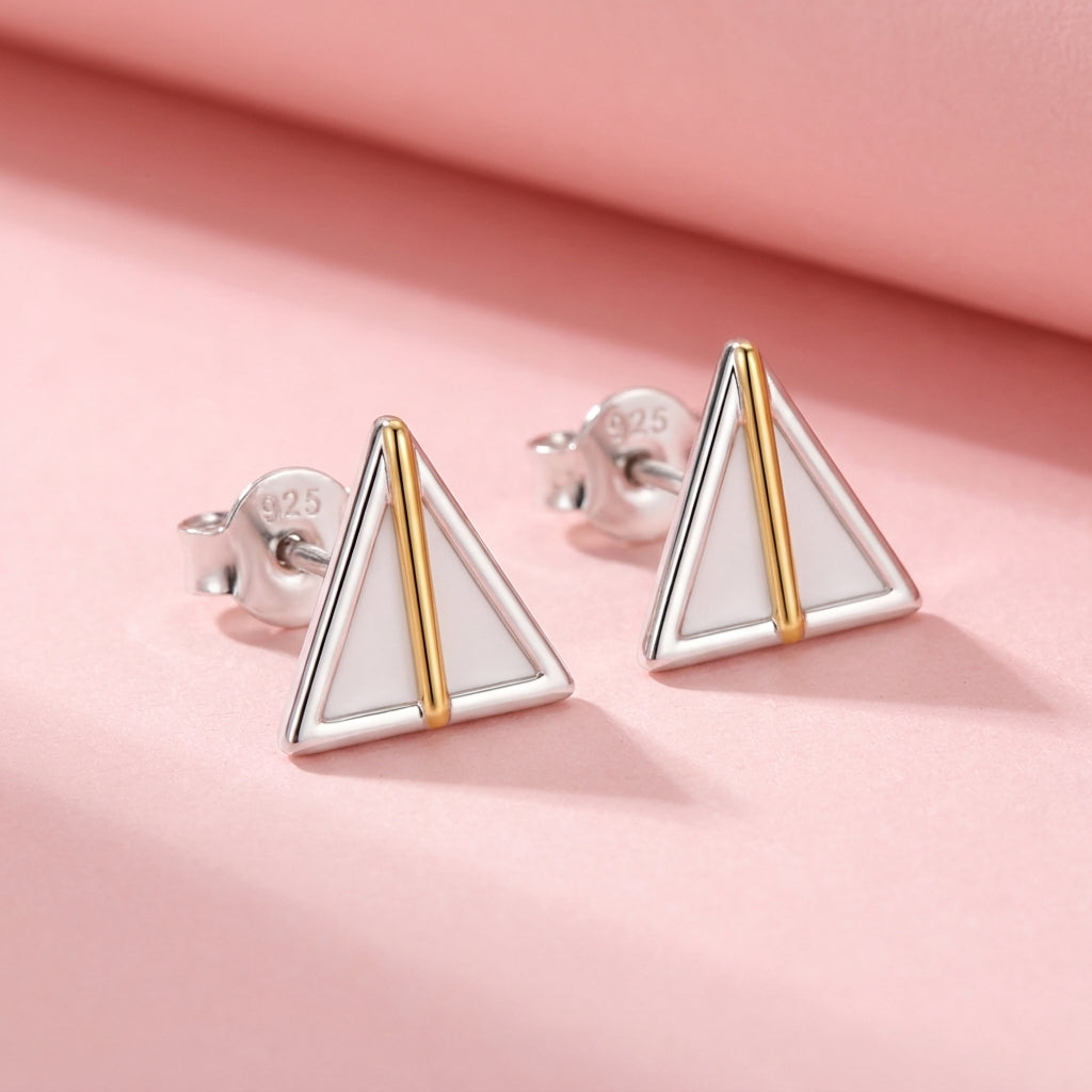 Two Tone Open Triangle Stud Earrings - 925 sterling silver earrings for women