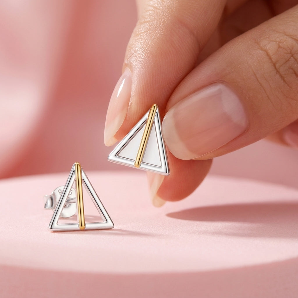 Two Tone Open Triangle Stud Earrings - 925 sterling silver earrings for women