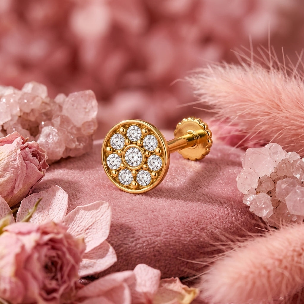 Round Bezel Halo Nose Pin - full length shot
