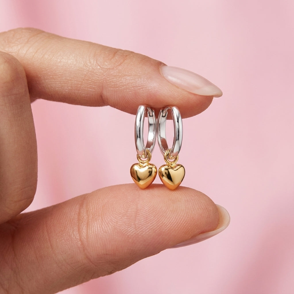 Gold Heart Charm Huggie Hoop Earrings - 925 sterling silver earrings for women