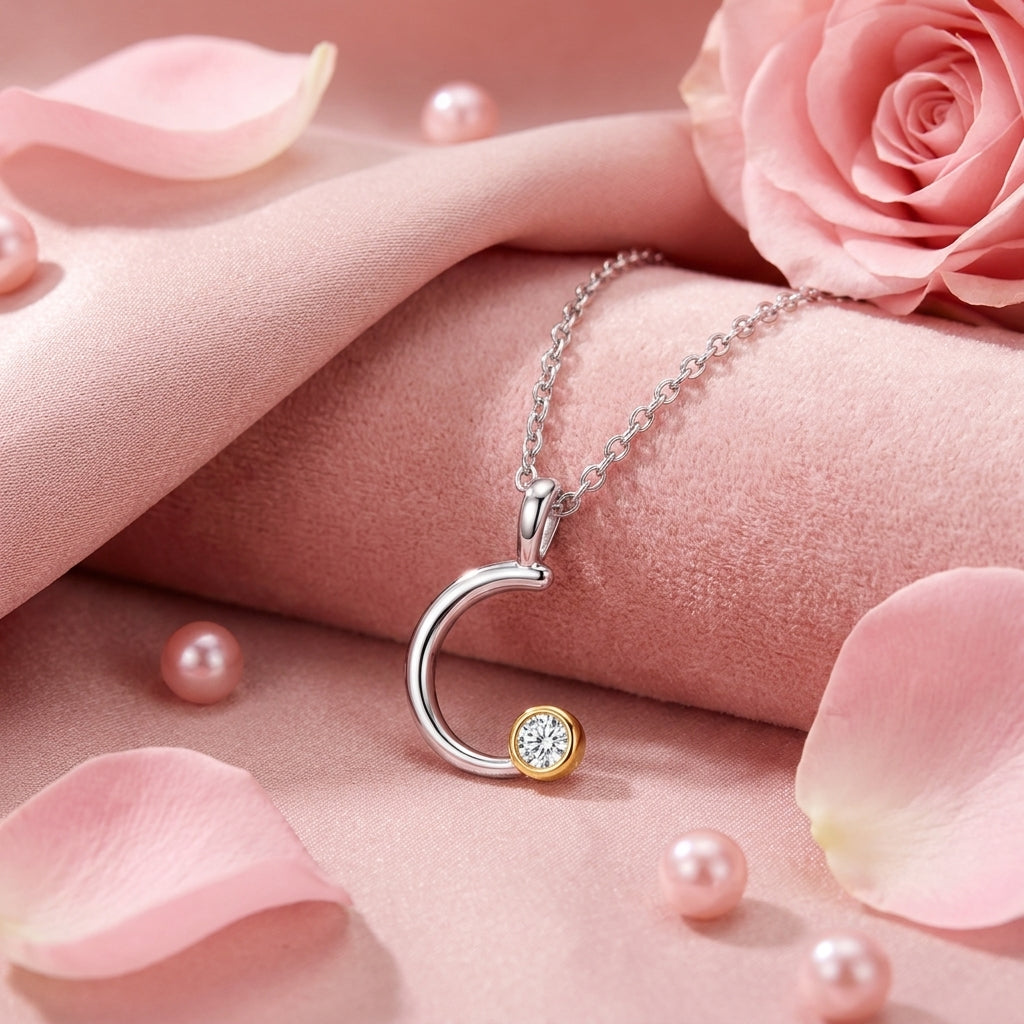 Half Moon Curve White Cz Pendant Necklace - 925 sterling silver pendant necklace for women