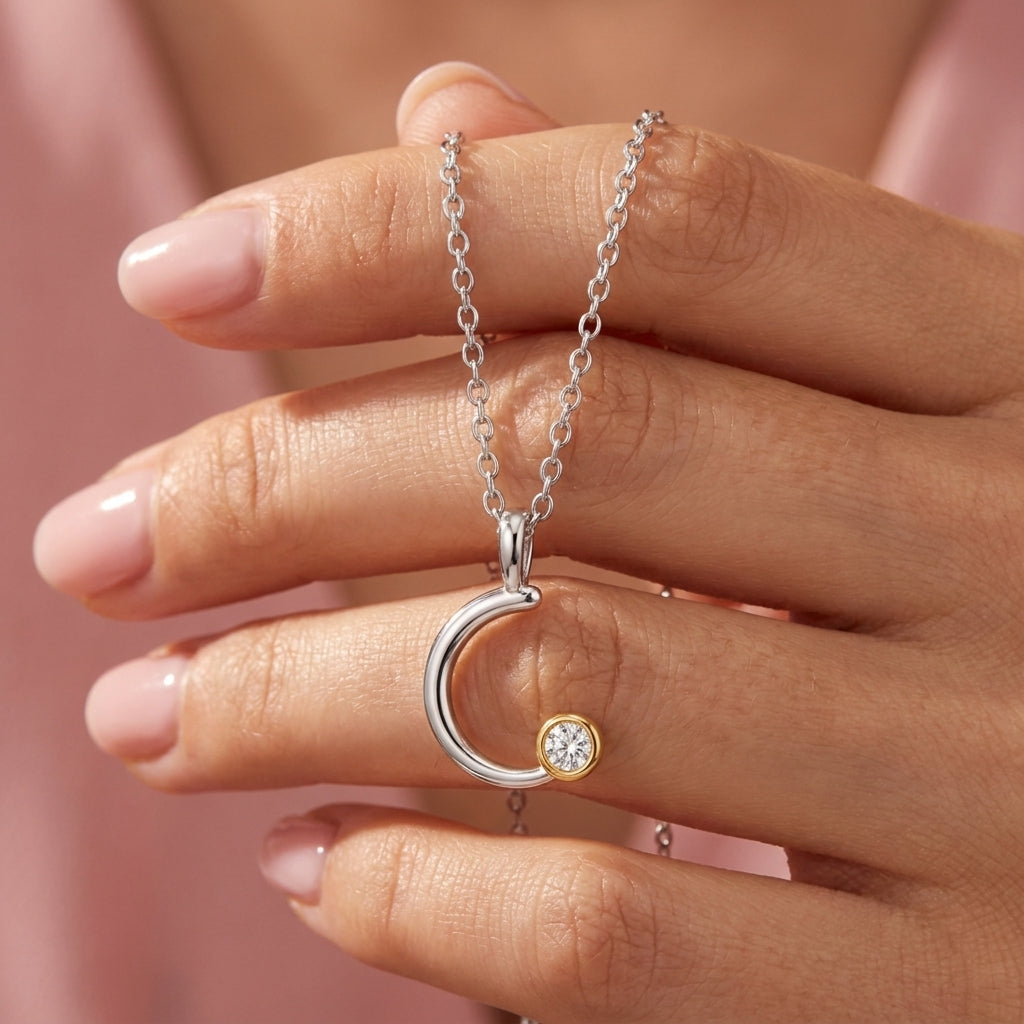 Half Moon Curve White Cz Pendant Necklace - 925 sterling silver pendant necklace for women
