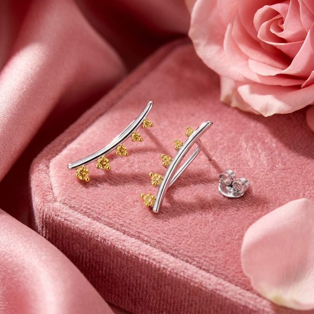 Curved Bar Citrine Yellow Cz Climber Earrings - 925 sterling silver earrings for women